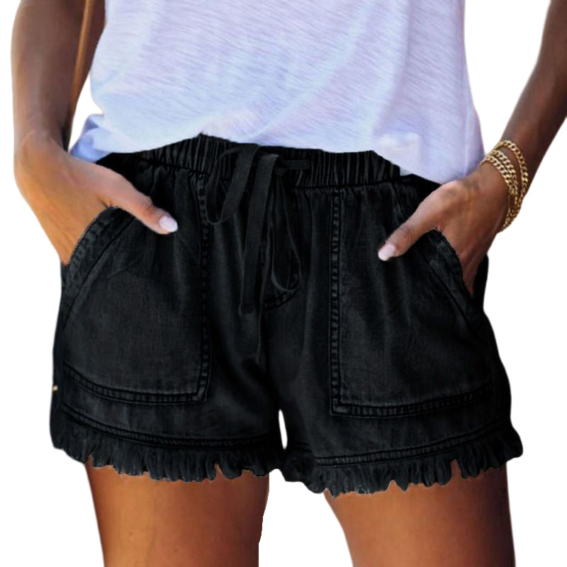 Einfarbige Lässige Denim-Shorts Mit Elastischer Taille