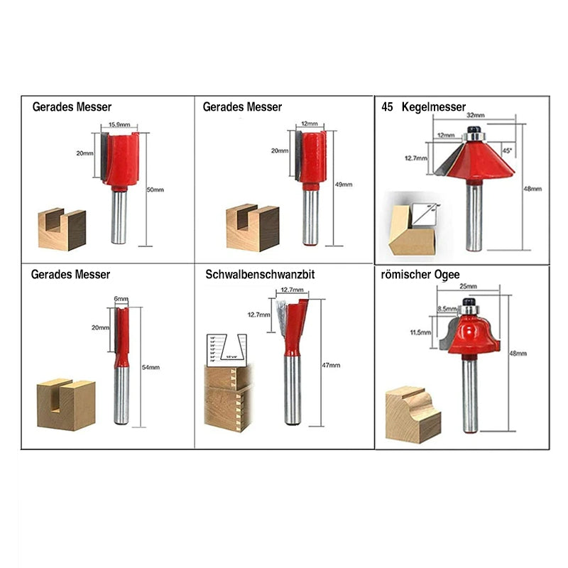 1/4 Zoll oder 1/2 Zoll Fräserset Holzbearbeitungswerkzeuge, 12 Stück
