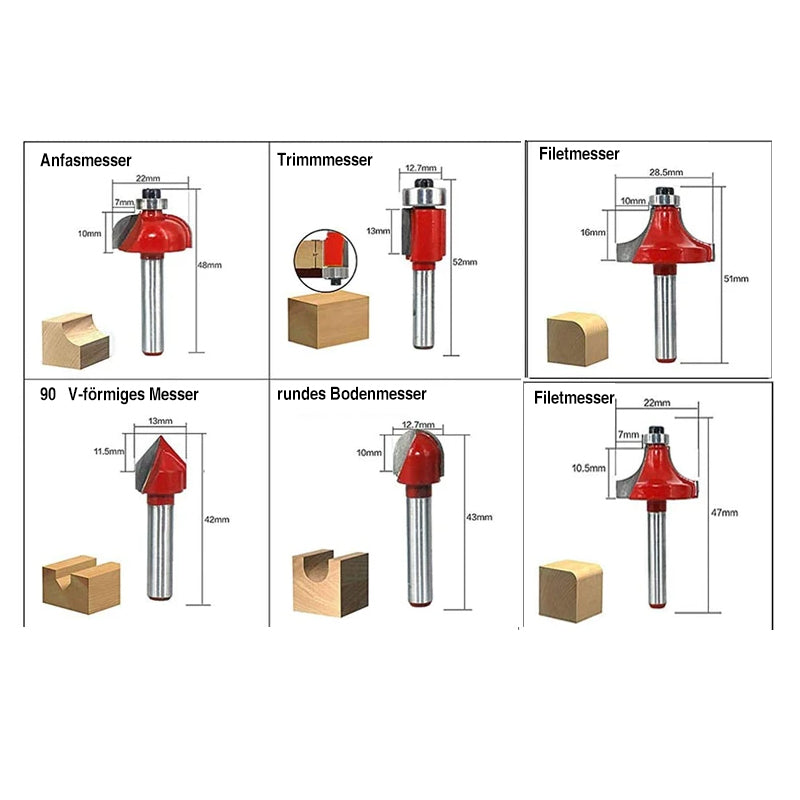 1/4 Zoll oder 1/2 Zoll Fräserset Holzbearbeitungswerkzeuge, 12 Stück